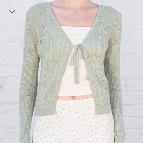Brandy Melville Sweaters - Brandy Melville Pastel Green Dainty Eyelet Open Knit Front Tie Cardigan Size M